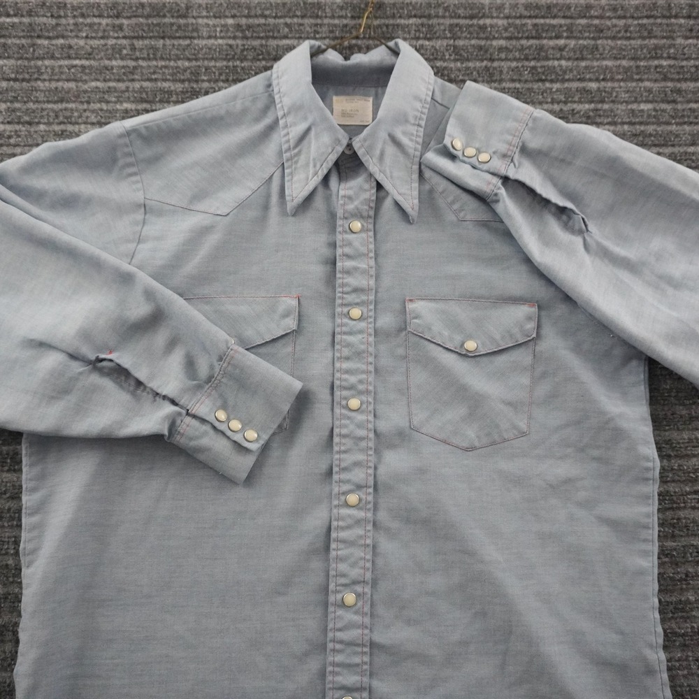 Vintage 70s Big Mac Western Shirt Mens L Blue Pearl Snap Chambray Style